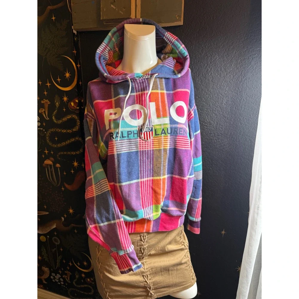 Polo Ralph Lauren Multi Color Plaid Logo Hoodie French Terry XS